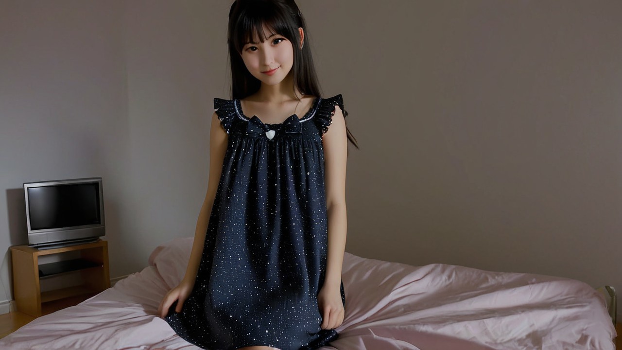 Young Woman in Starry Nightdress in Cozy Room