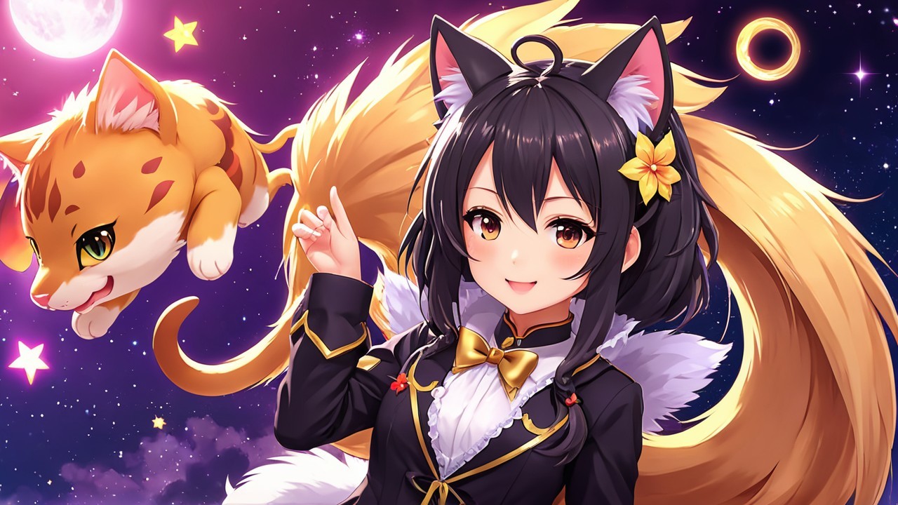Cheerful anime character with cat features in cosmos