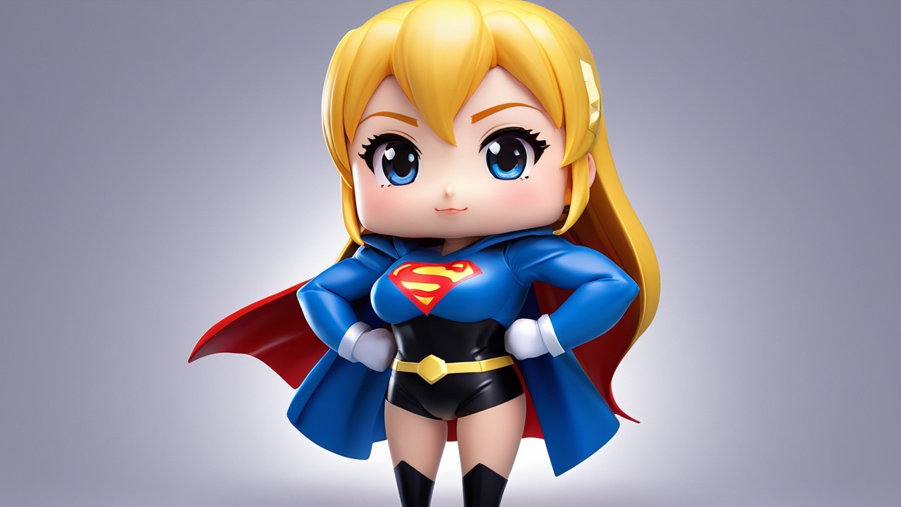 Chibi Superheroine in Blue Jacket and Red Cape