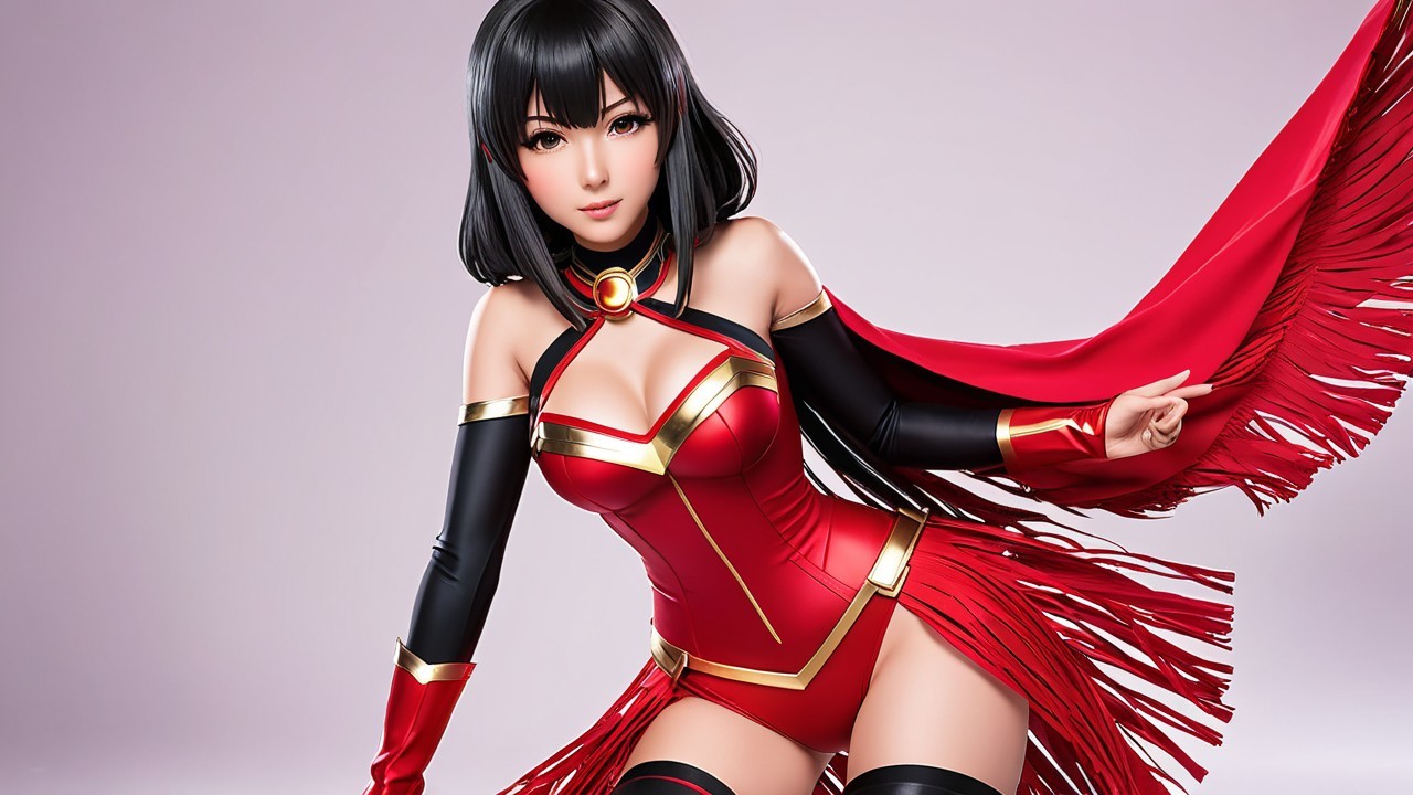 Character in Red and Black Outfit with Golden Accents