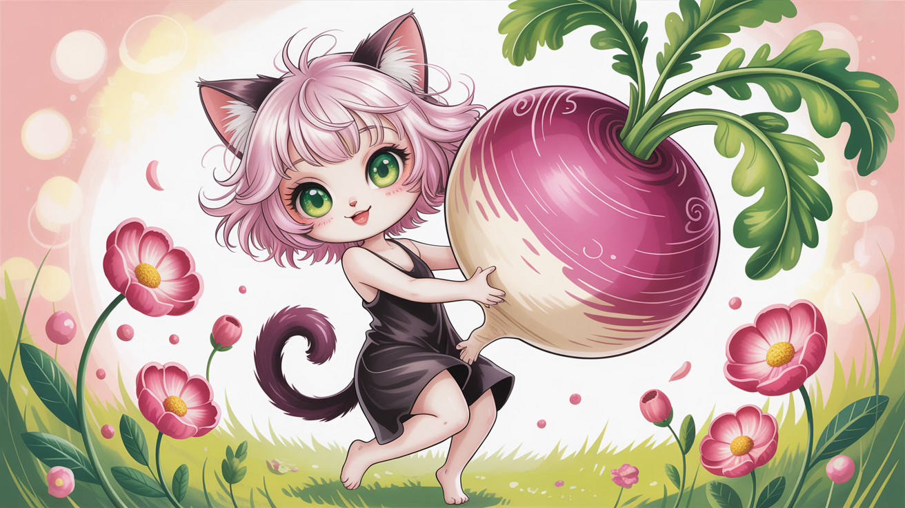 Chibi Cat Girl with Turnip in a Dreamy Field