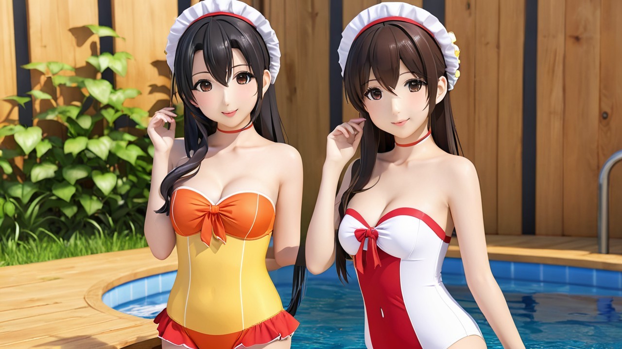 Stylized Anime Characters by Swimming Pool in Swimsuits