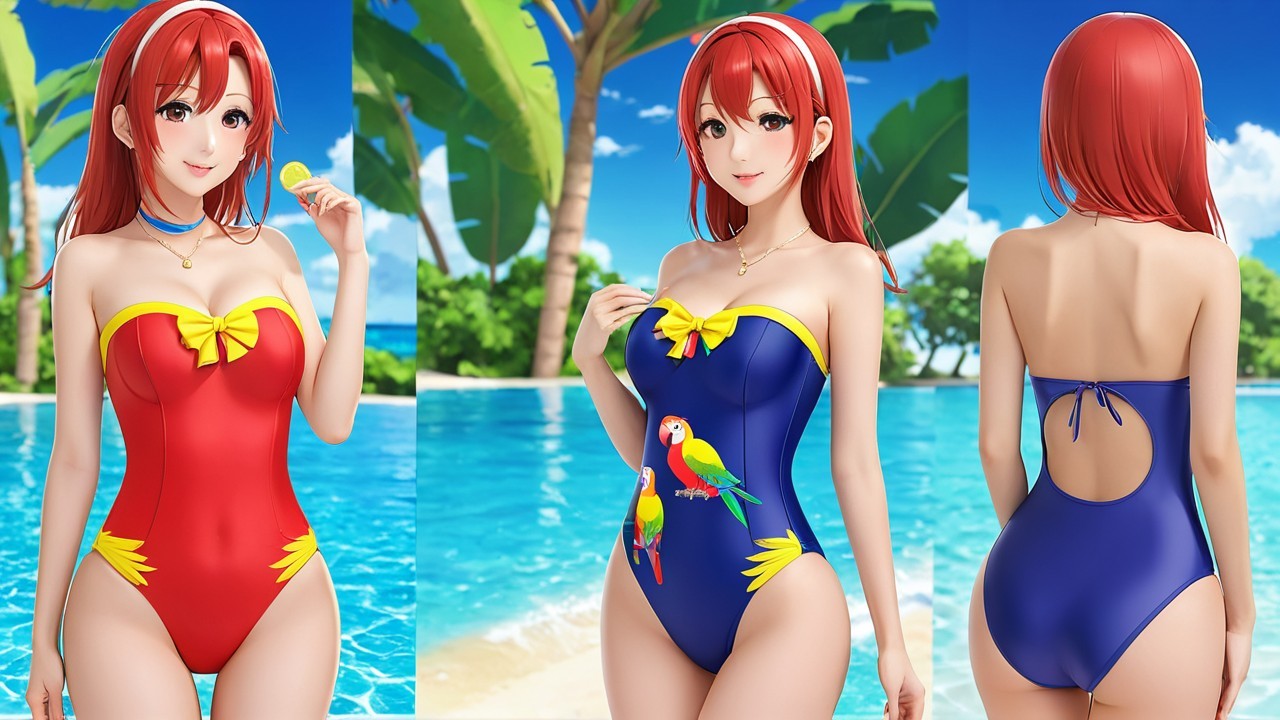 Vibrant Beach Scene with Stylish Swimsuits and Pool
