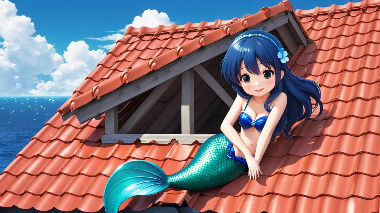Anime-style mermaid on seaside cottage roof