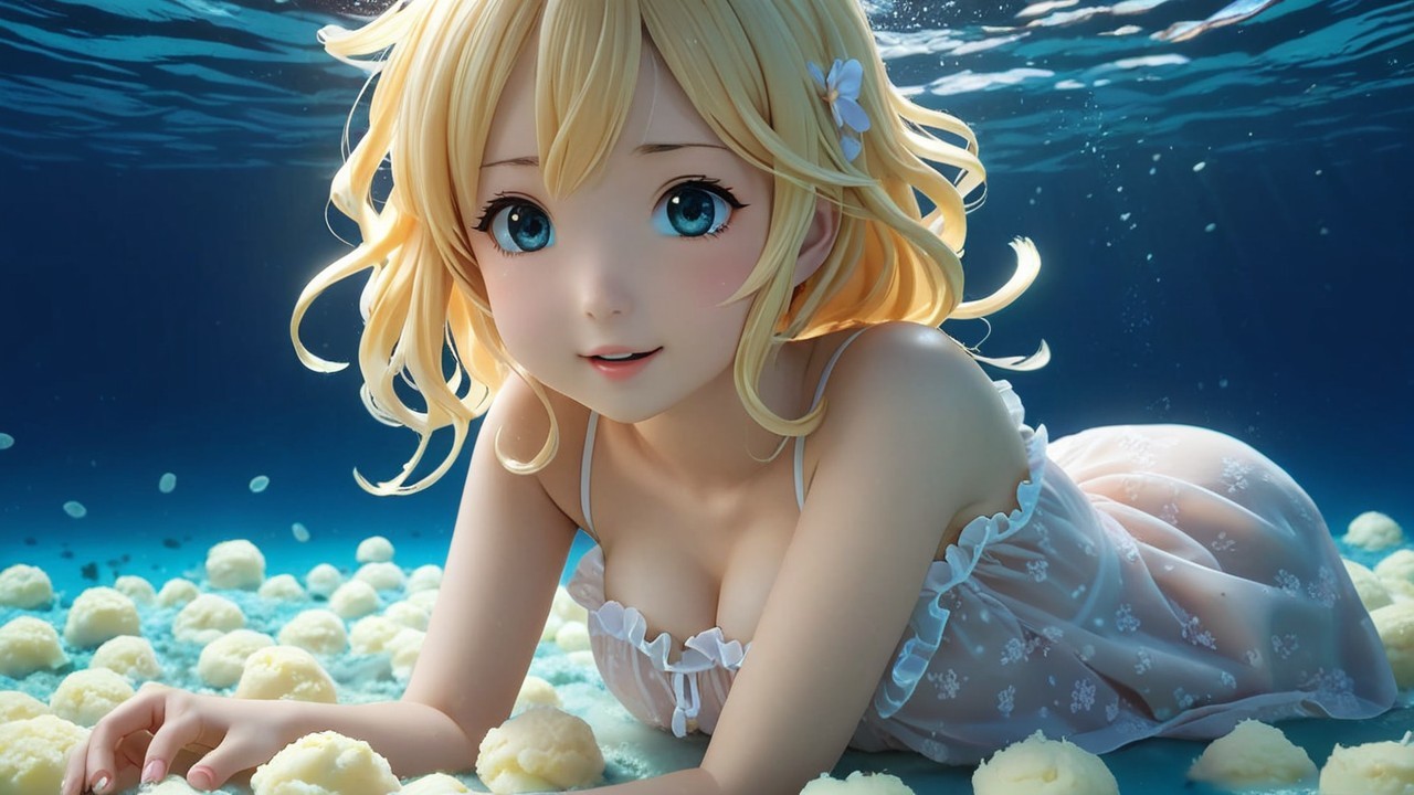 Underwater Scene with Young Woman and Coral Formations