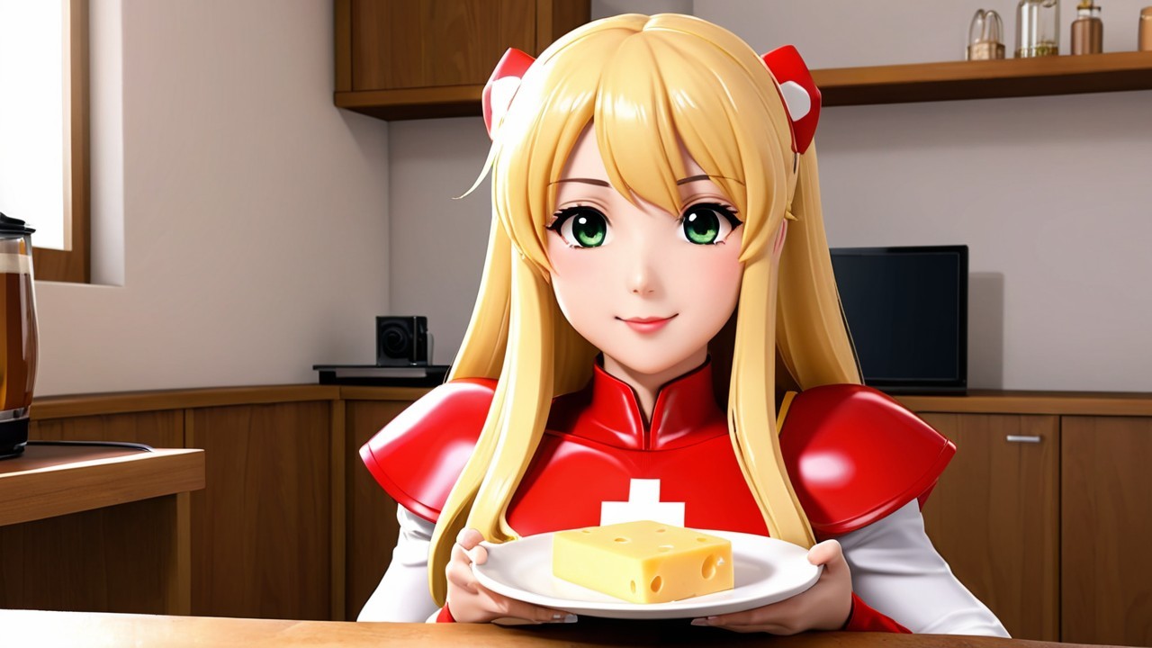 Anime Character with Blonde Hair and Green Eyes at Table