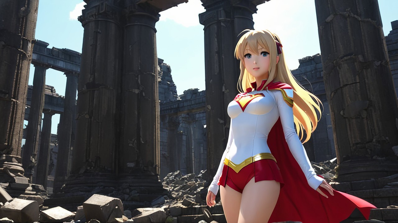 Heroic anime character in ancient ruins with sunlight