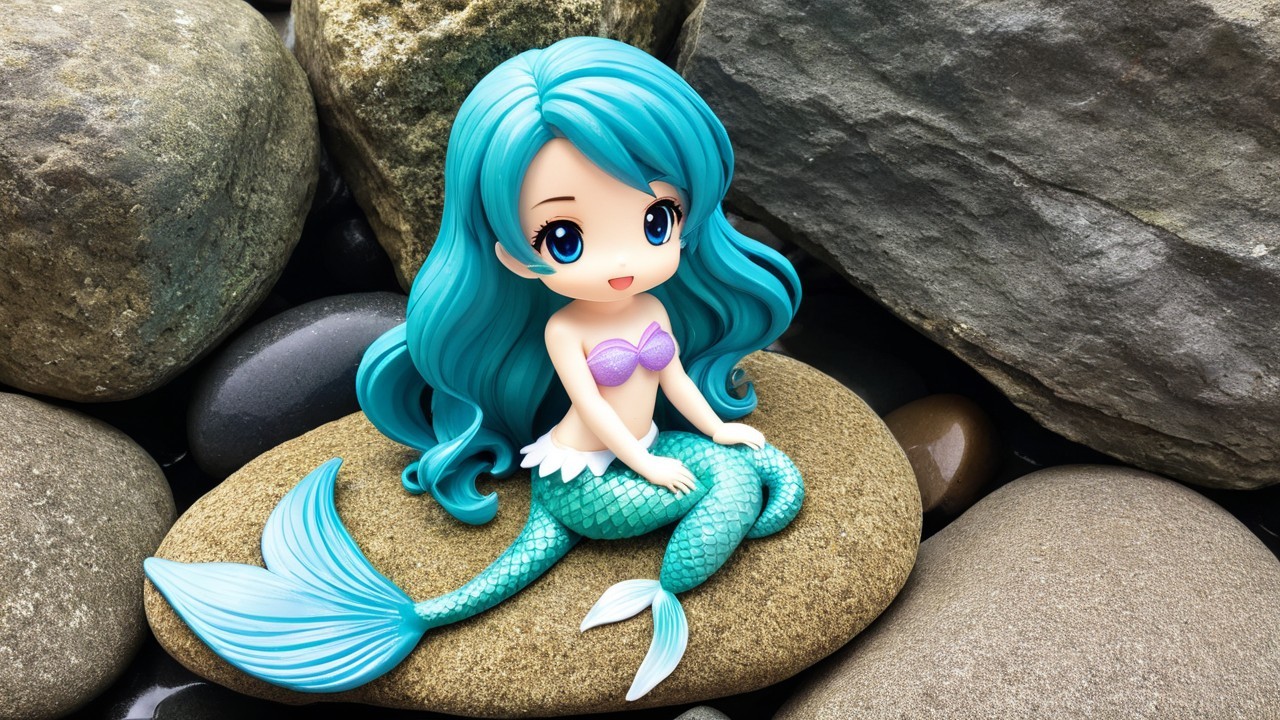 Mermaid Figurine on Rock with Pebbles and Natural Backdrop