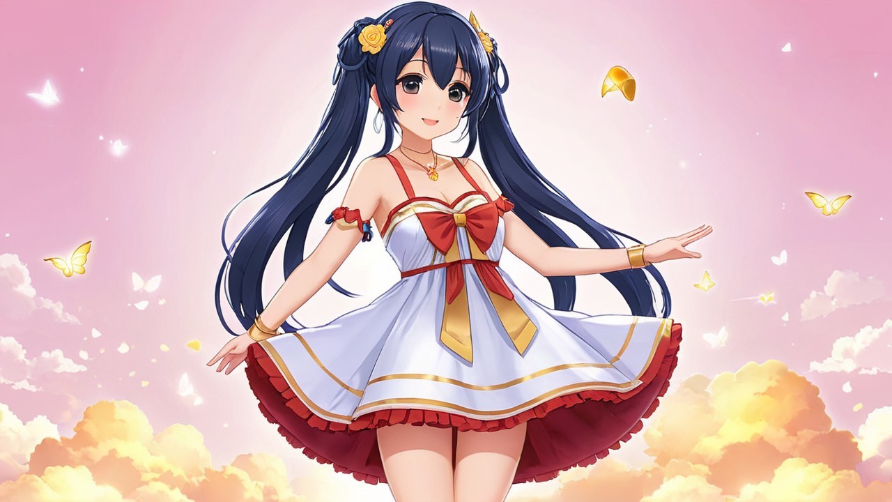 Cheerful anime character in pastel pink setting
