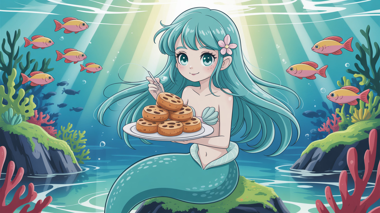 Anime Illustration of a Mermaid with Cookies Underwater