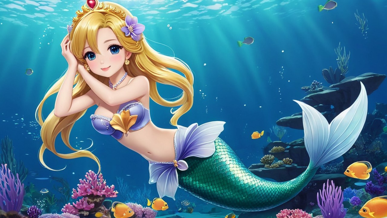 Whimsical Underwater Scene with Mermaid and Coral Reefs