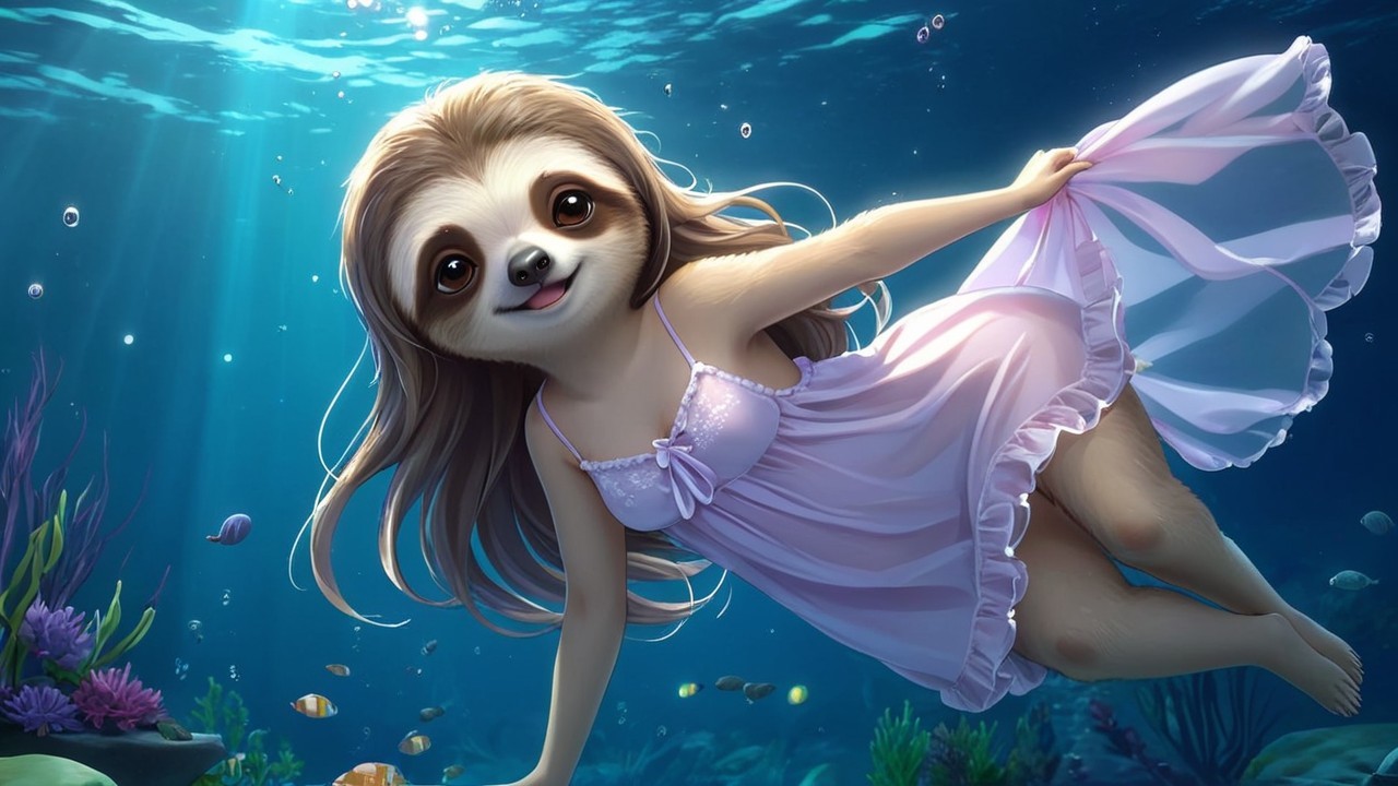 Sloth Swimming in a Colorful Underwater Scene