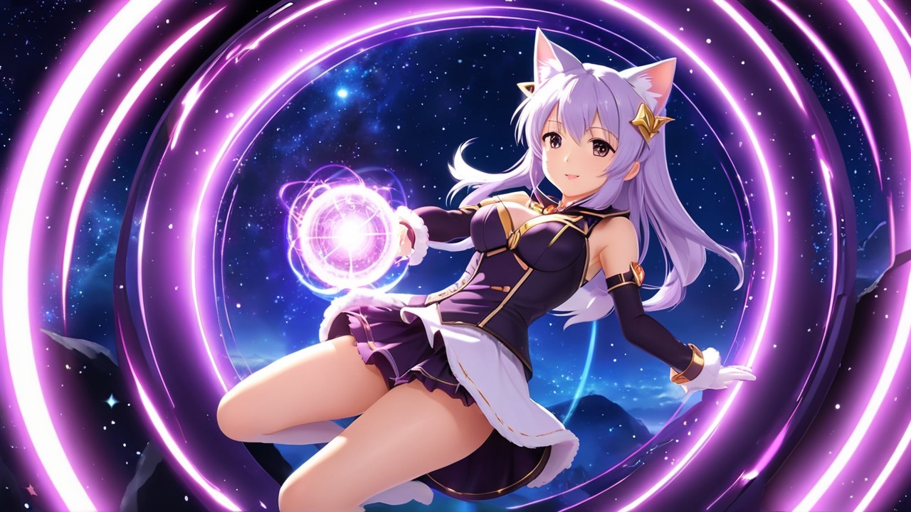 Magical girl with cat ears in a starry night scene
