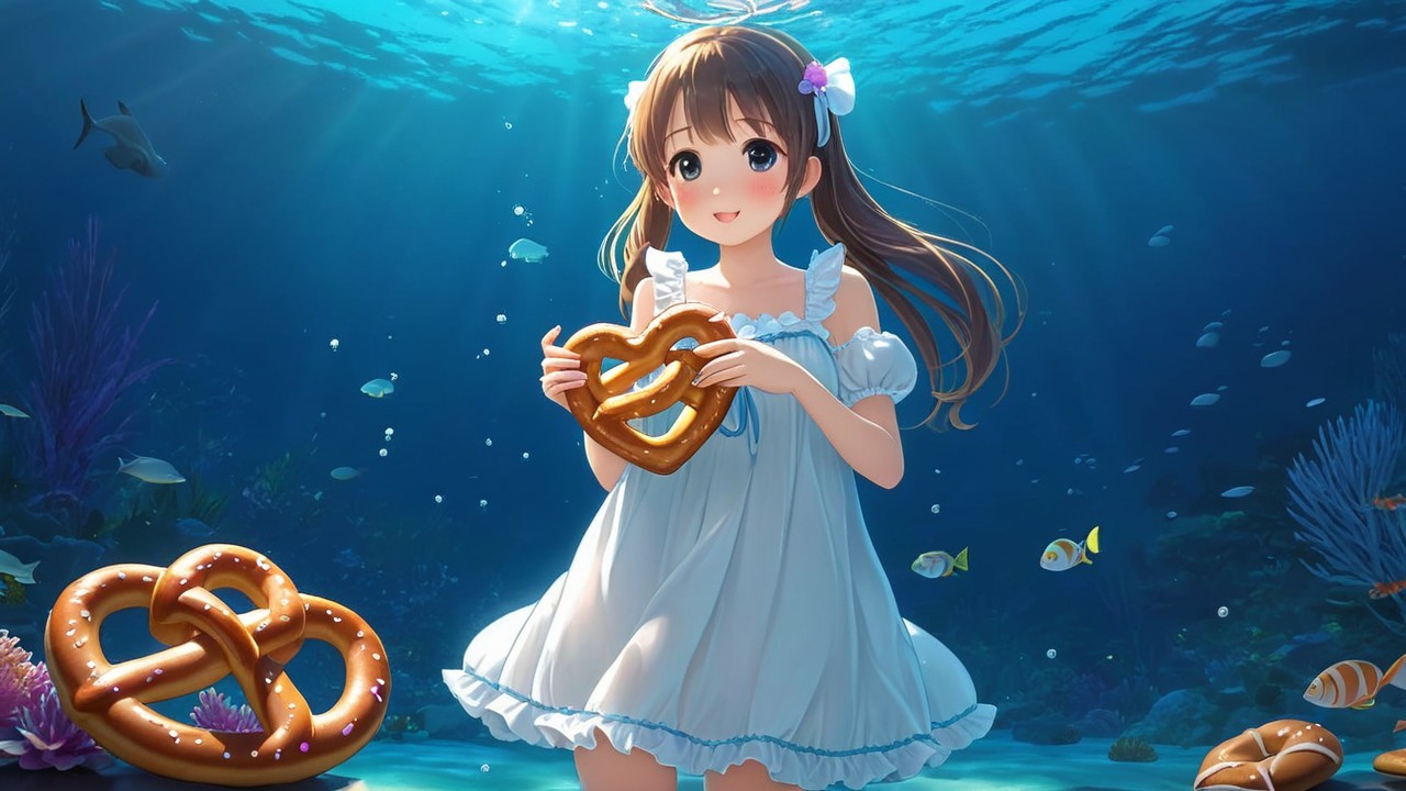 Underwater Scene with Cheerful Girl and Pretzels