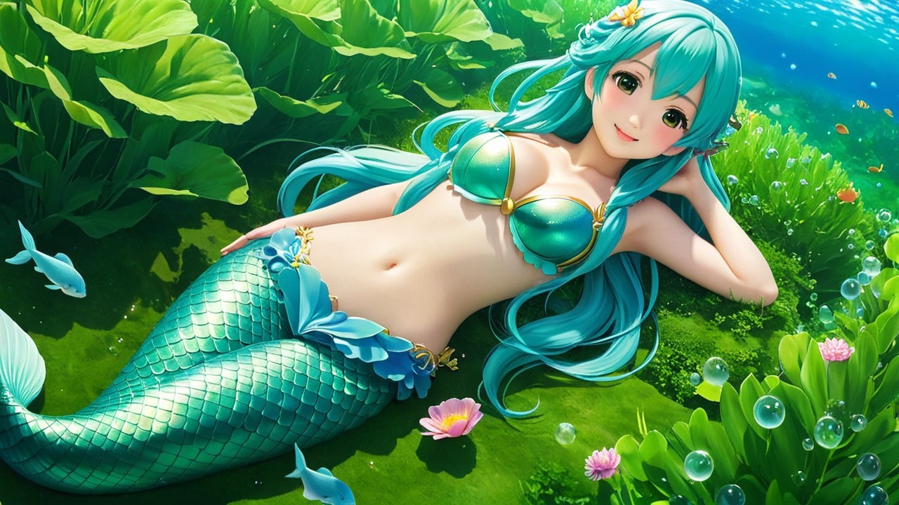 Mermaid with Aqua Hair in Vibrant Underwater Scene