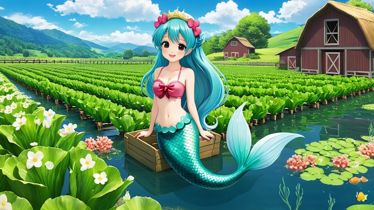 Cheerful mermaid in vibrant landscape with floral crown