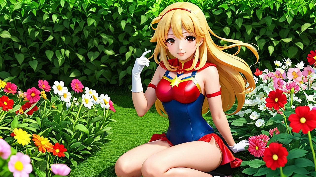 Animated character in superhero costume in flower garden