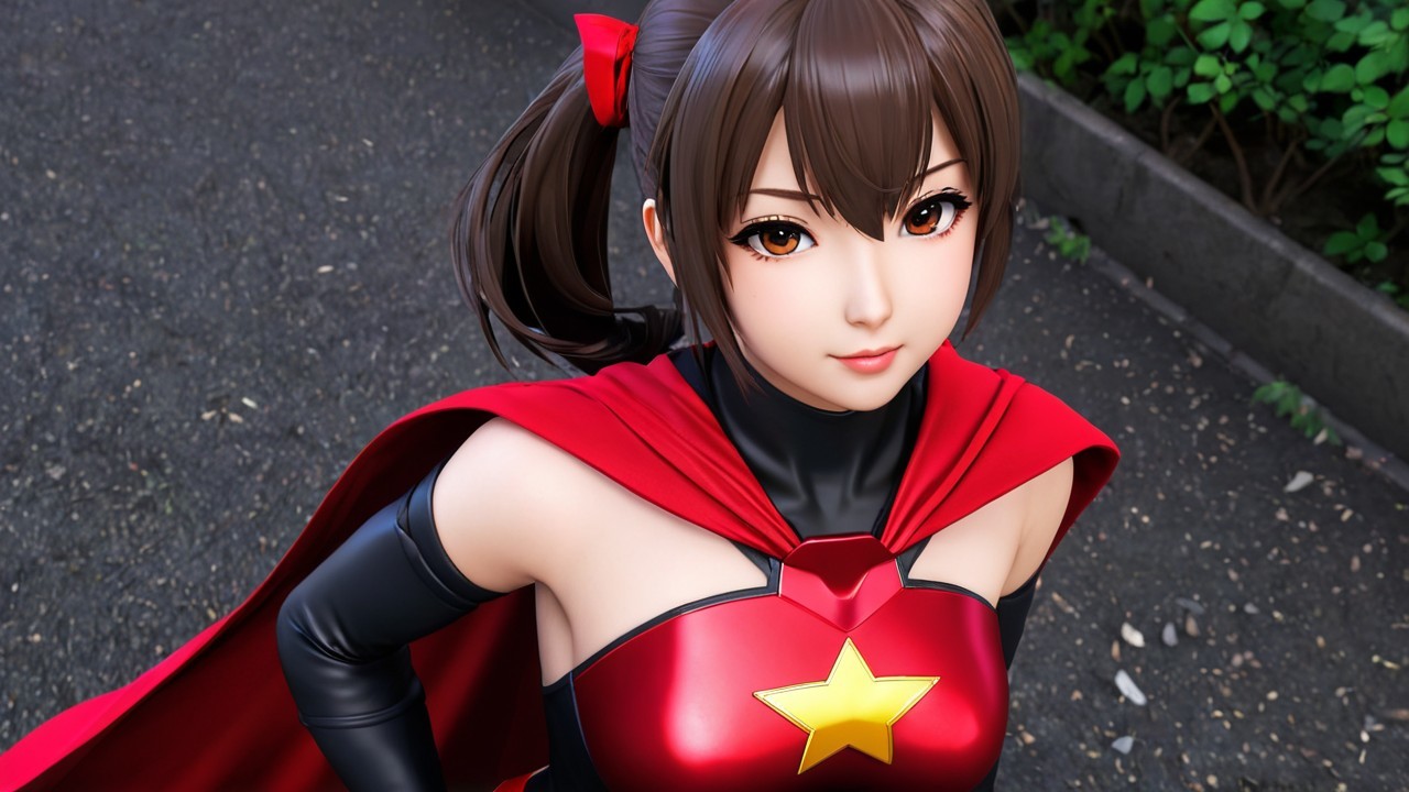 Confident Female Superhero in Red and Black Costume