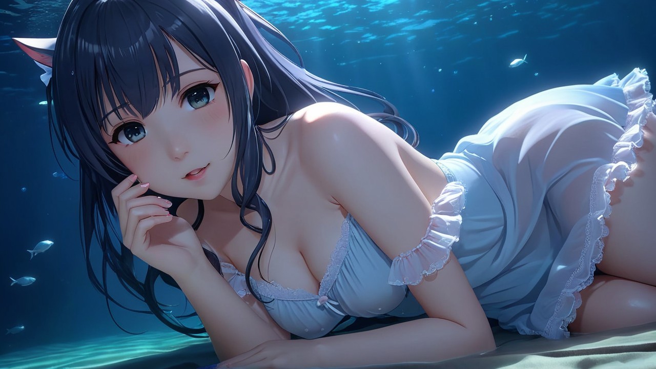 Underwater Scene of a Young Woman with Cat Ears