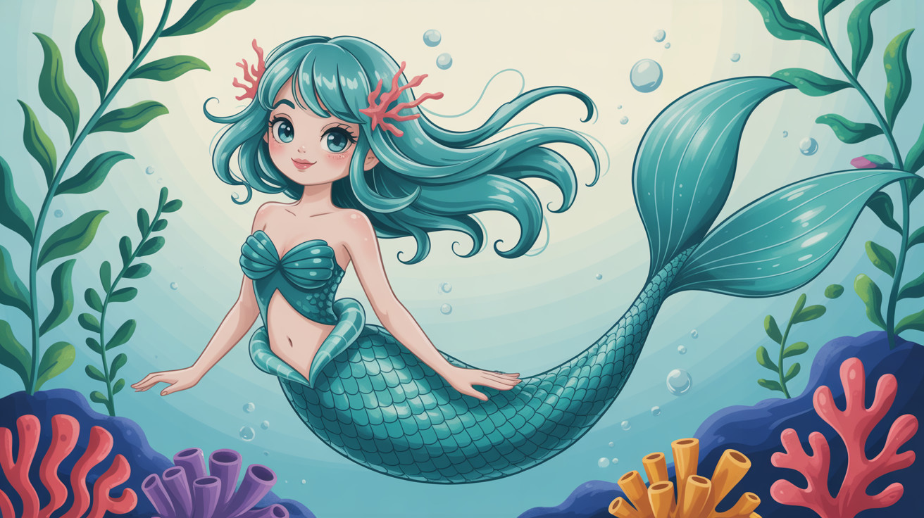 Elegant mermaid with teal hair in vibrant ocean scene
