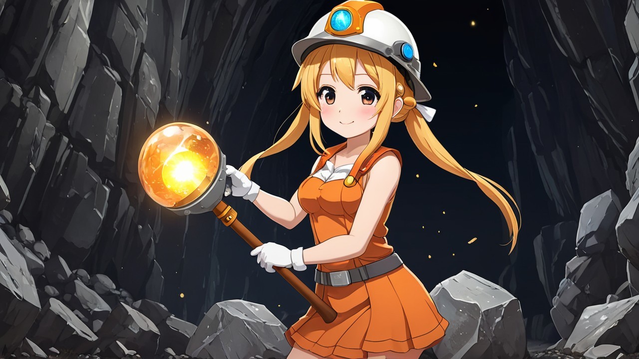 Young girl in orange miner's outfit in dark cave
