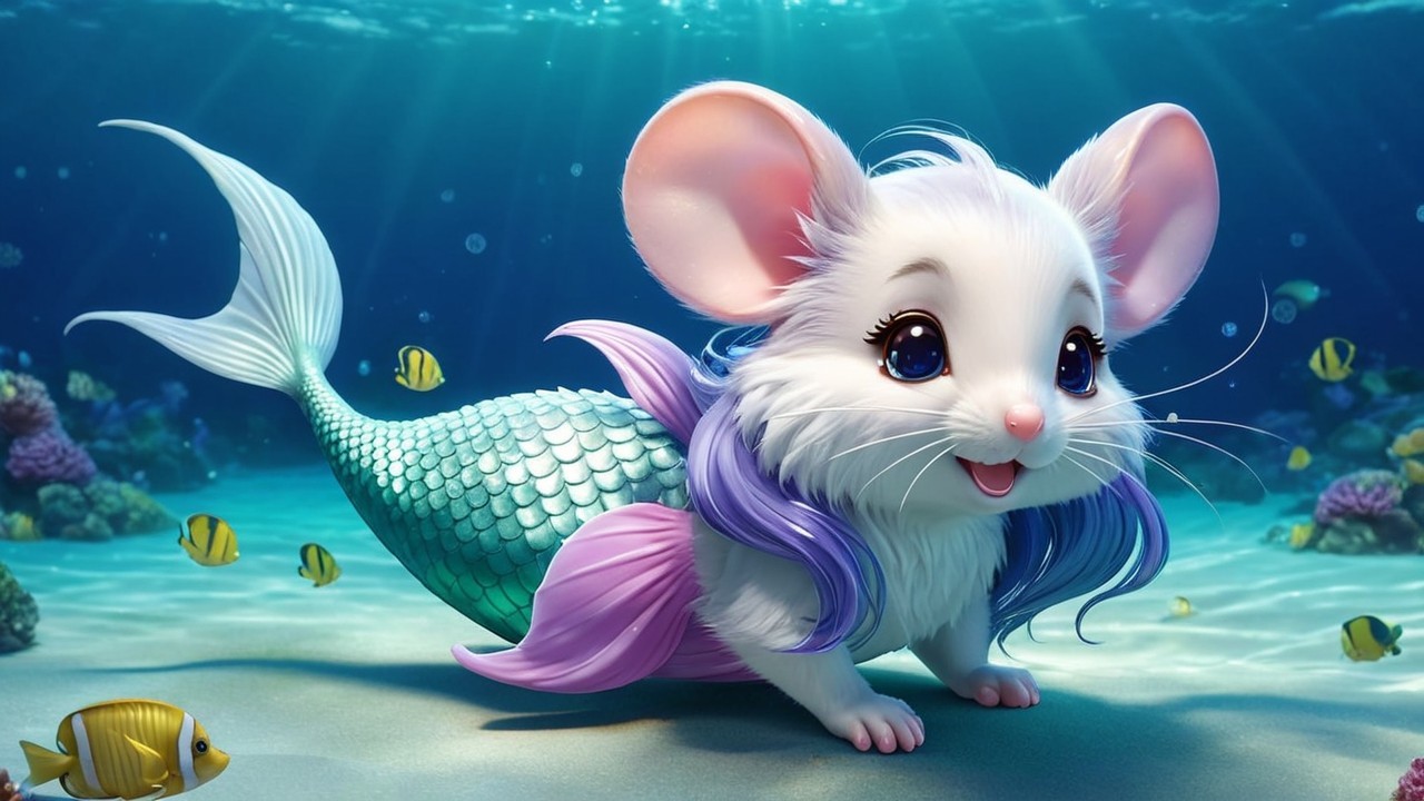 Whimsical Underwater Scene with Cartoonish Mermaid Mouse
