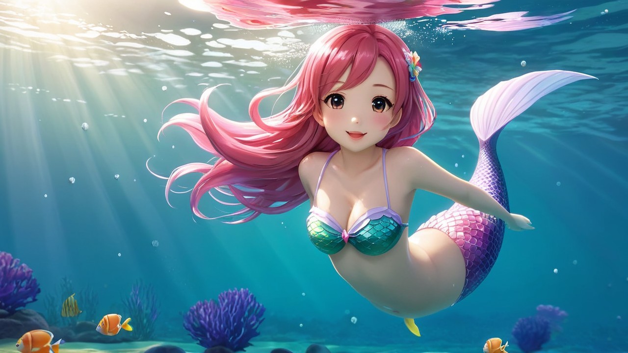 Vibrant Underwater Scene with Cheerful Mermaid