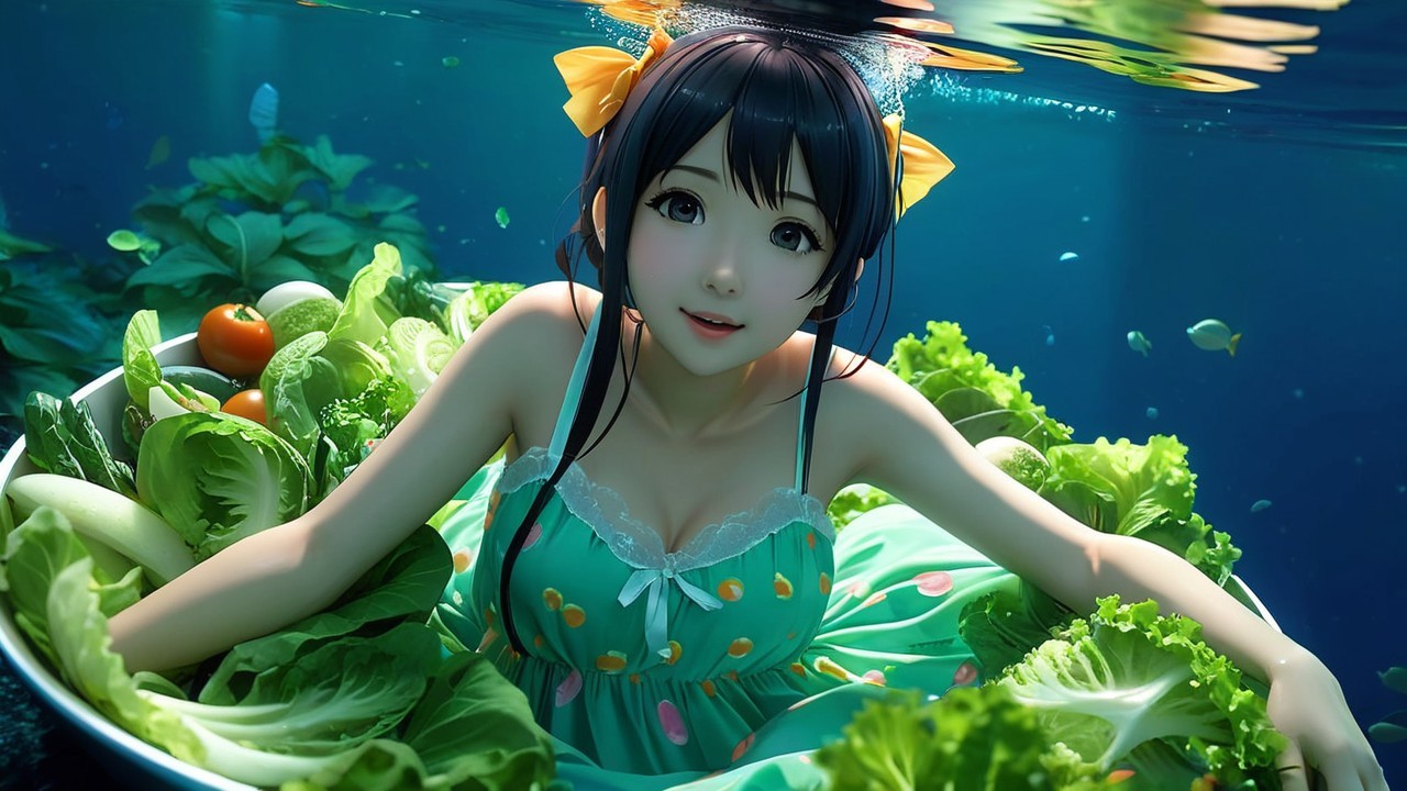 Animated Character Surrounded by Fresh Vegetables Underwater