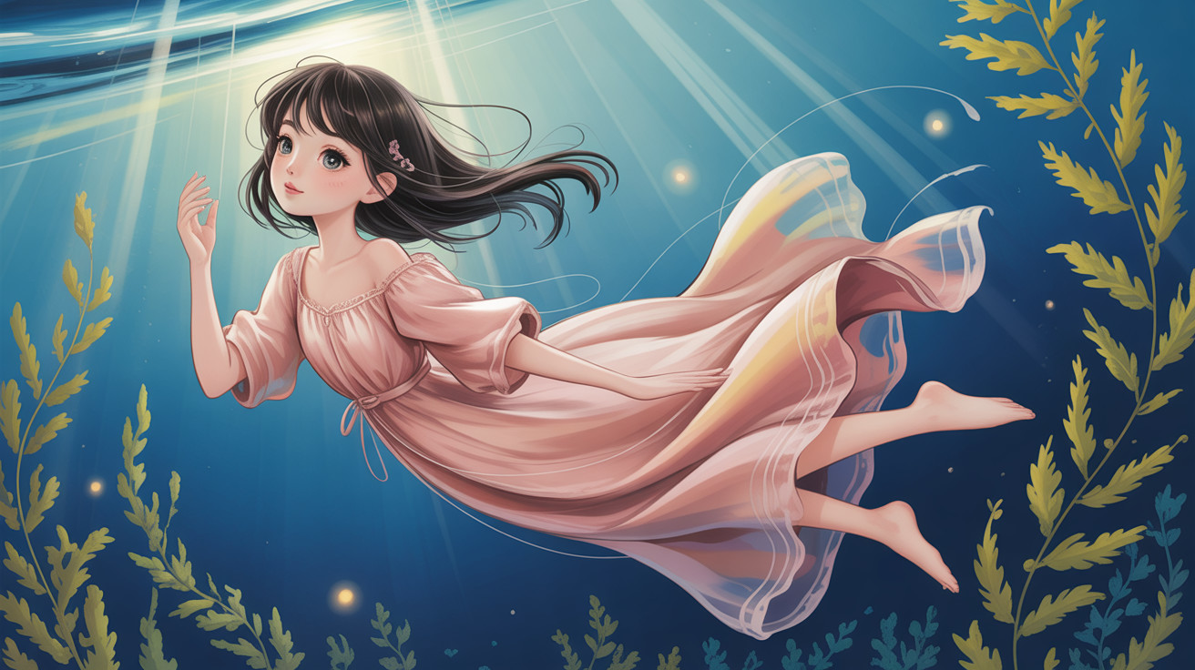 Anime Style Underwater Scene with Girl in Pink Dress