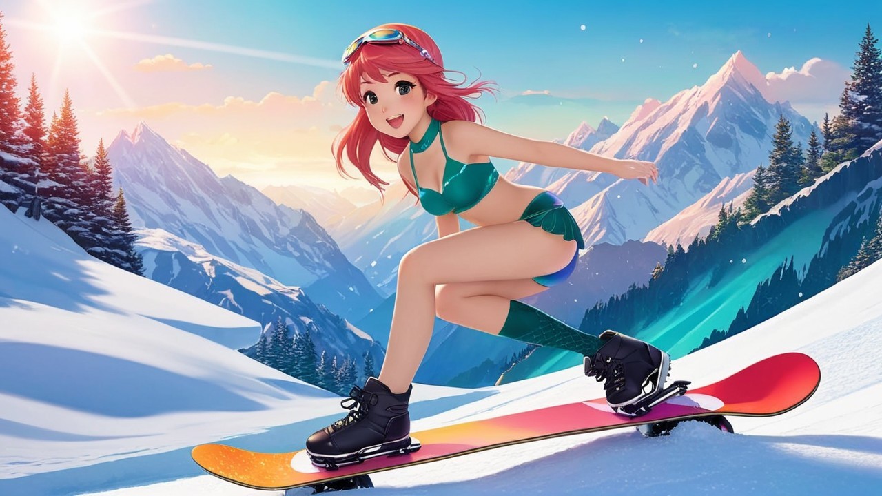 Anime Character Snowboarding in Winter Landscape
