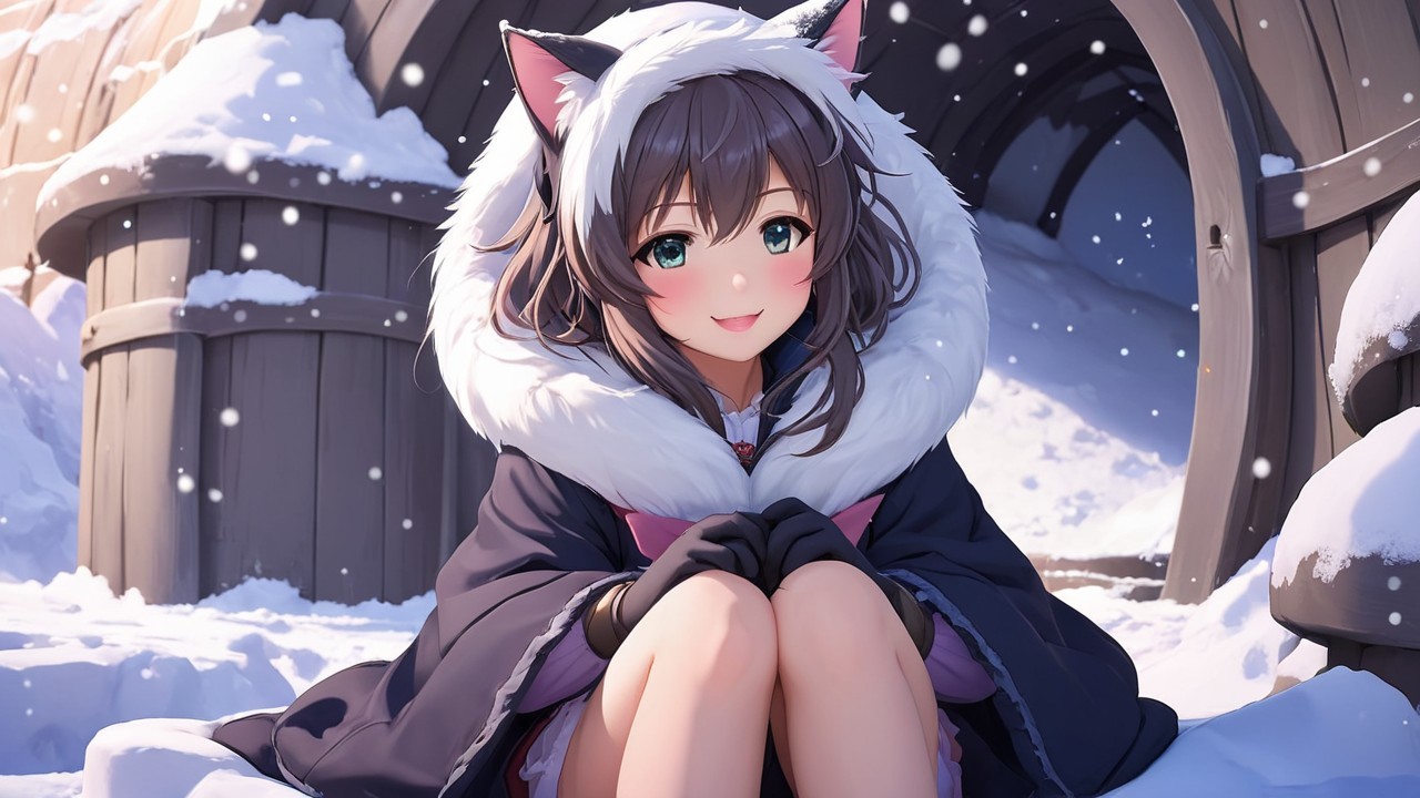 Anime Character with Cat Ears in Winter Scene