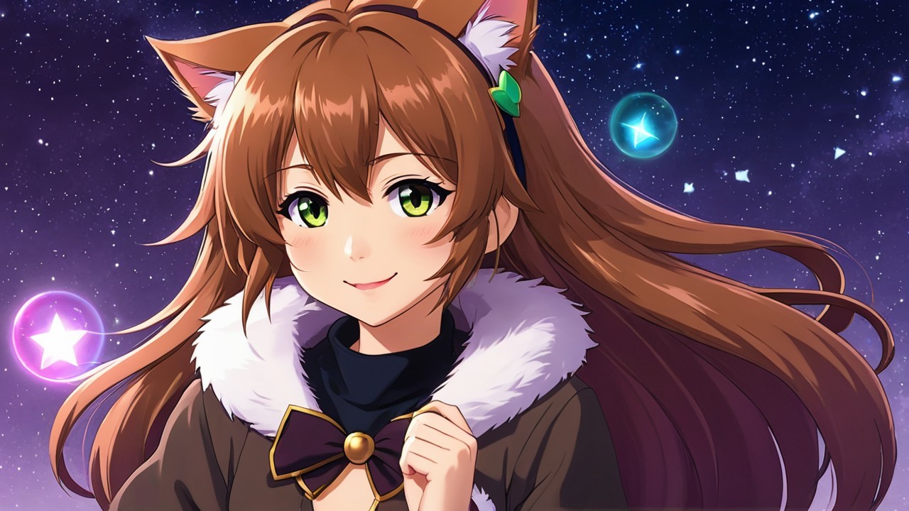Cheerful Anime Character with Cat Ears and Starry Background
