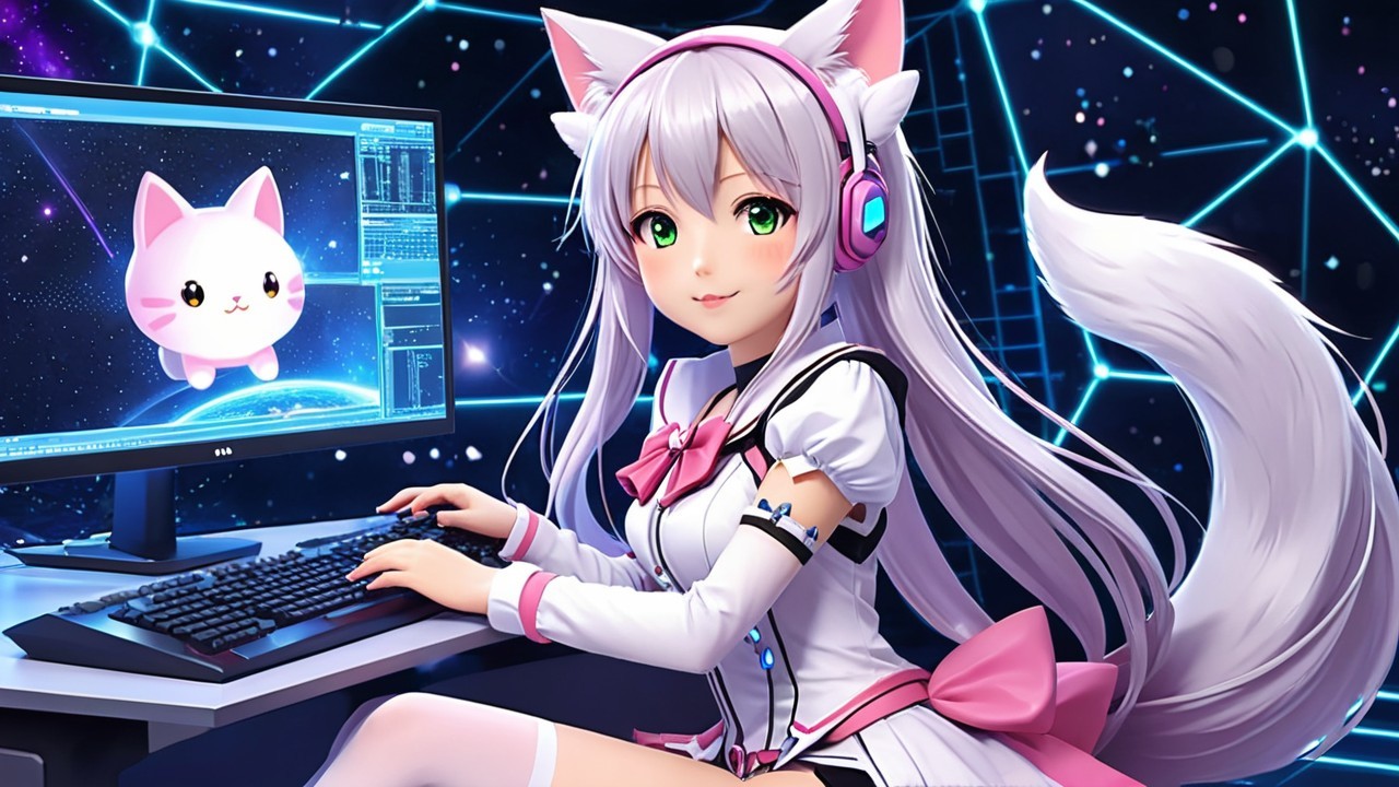 Young girl with silver hair at computer with cat ears
