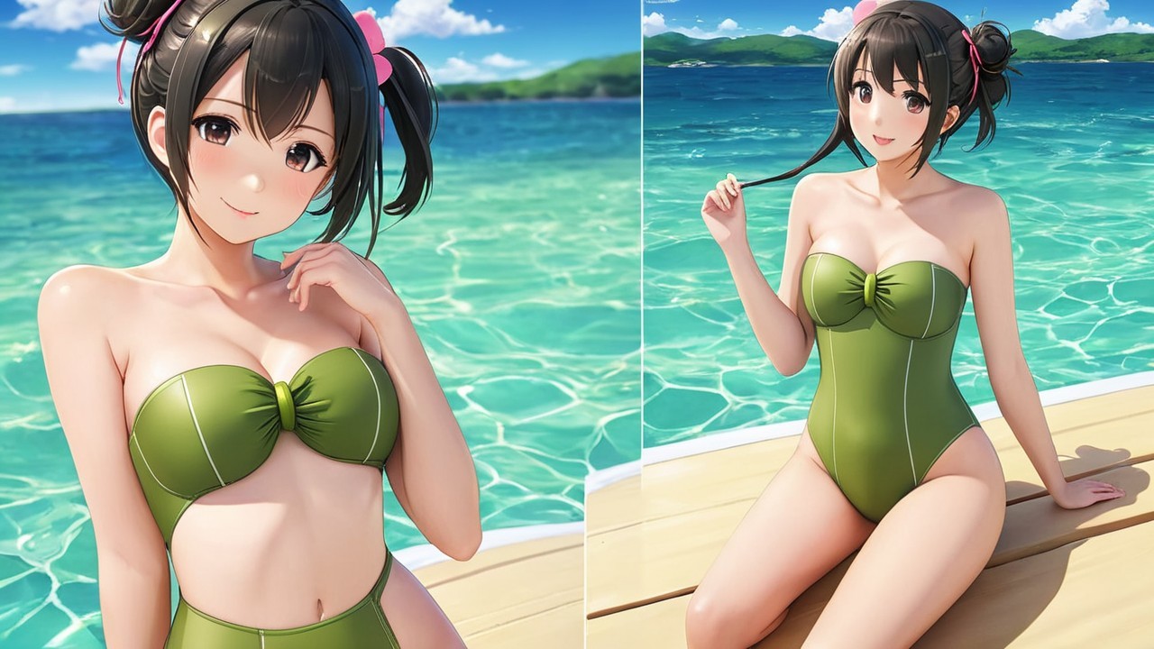 Cheerful anime character in green swimsuit by sea