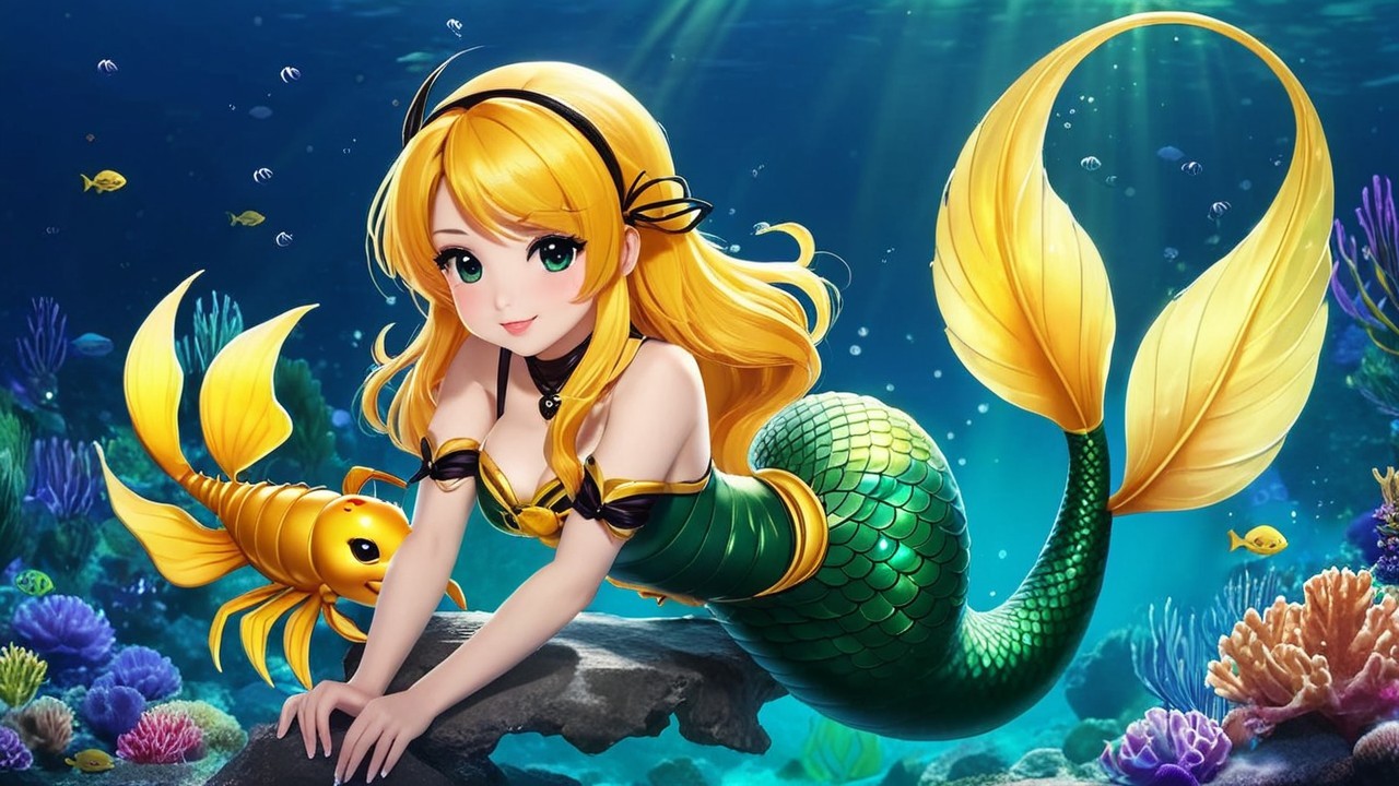 Mermaid with Golden Hair and Green Scales Underwater