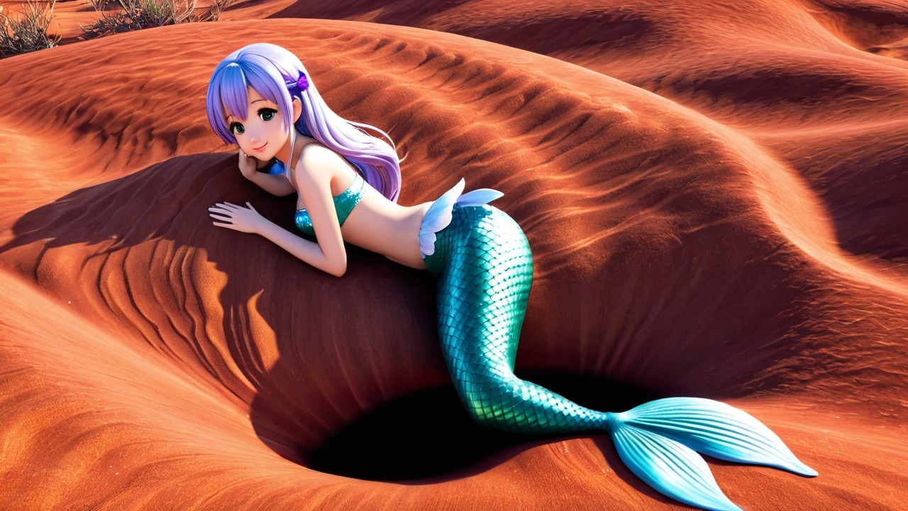 Mermaid on Desert Sands with Shimmering Tail and Hair