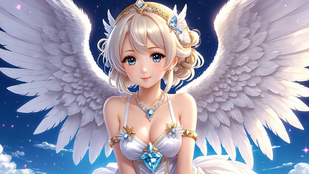 Whimsical ethereal figure with elegant wings and gown