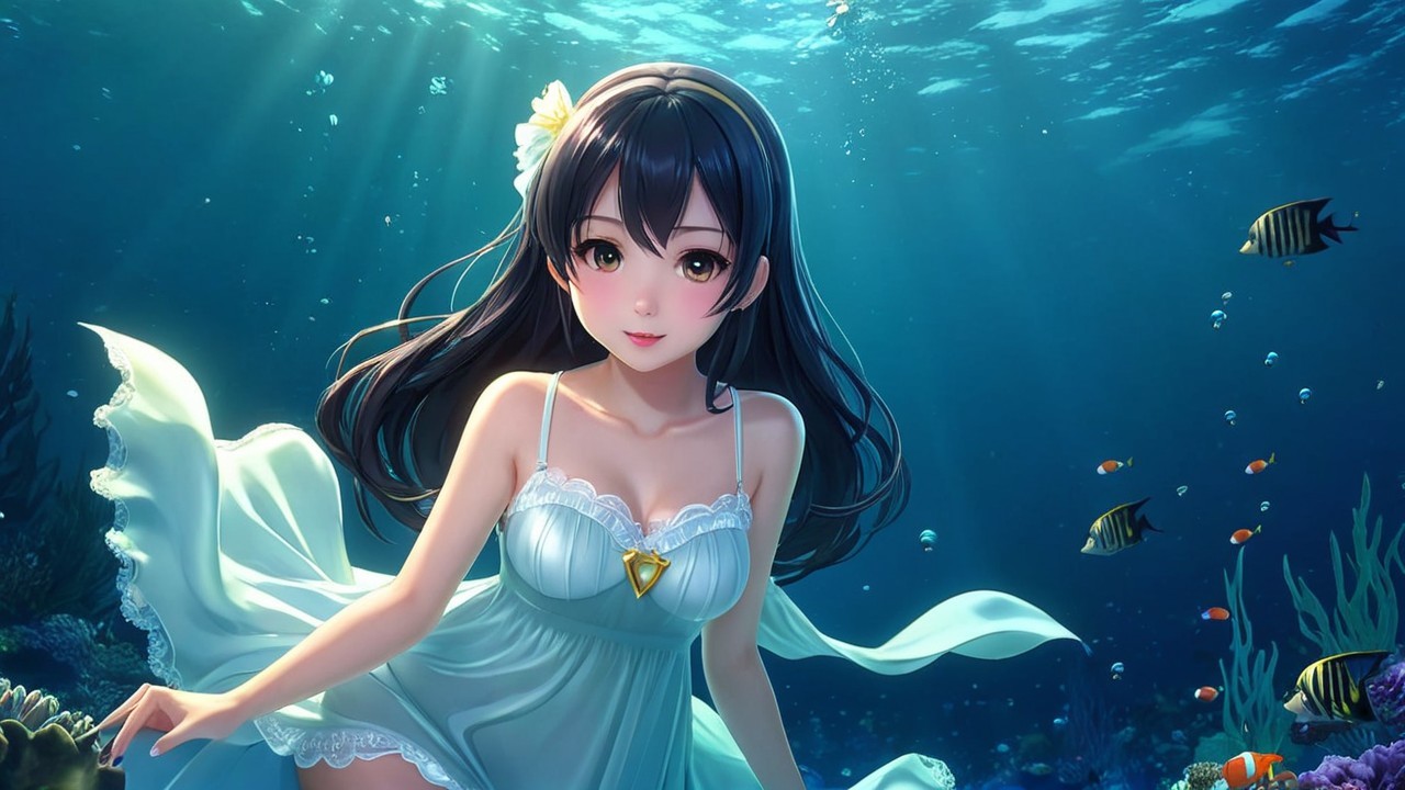 Underwater Scene with Woman in White Dress and Coral