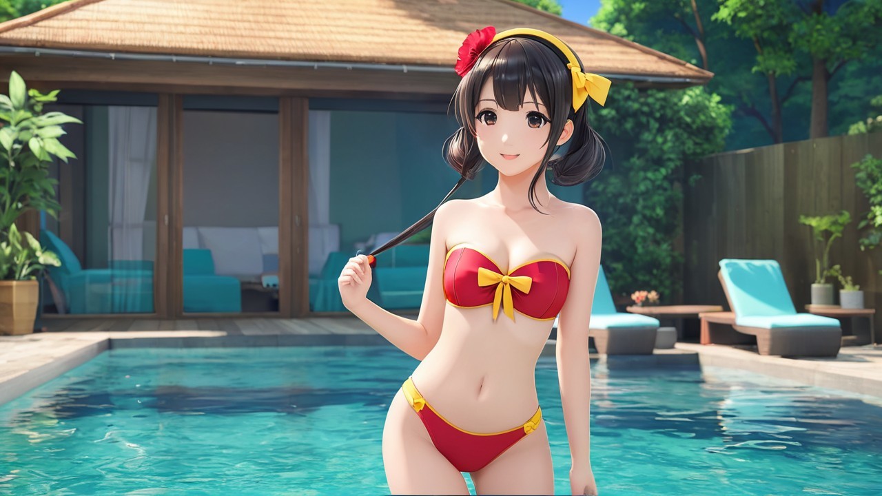 Young Woman in Red Bikini by Sparkling Pool