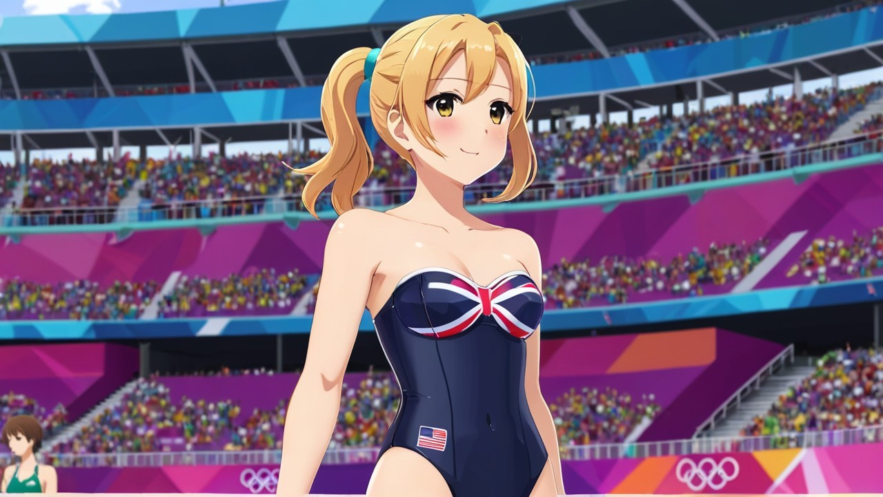 Young Female Swimmer at Poolside with Flags Design