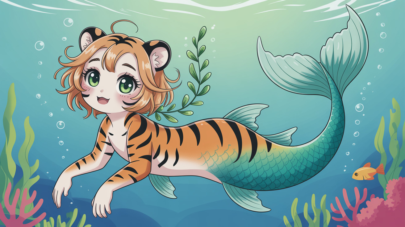 Cute Anime Tiger Mermaid in Clear Blue Water