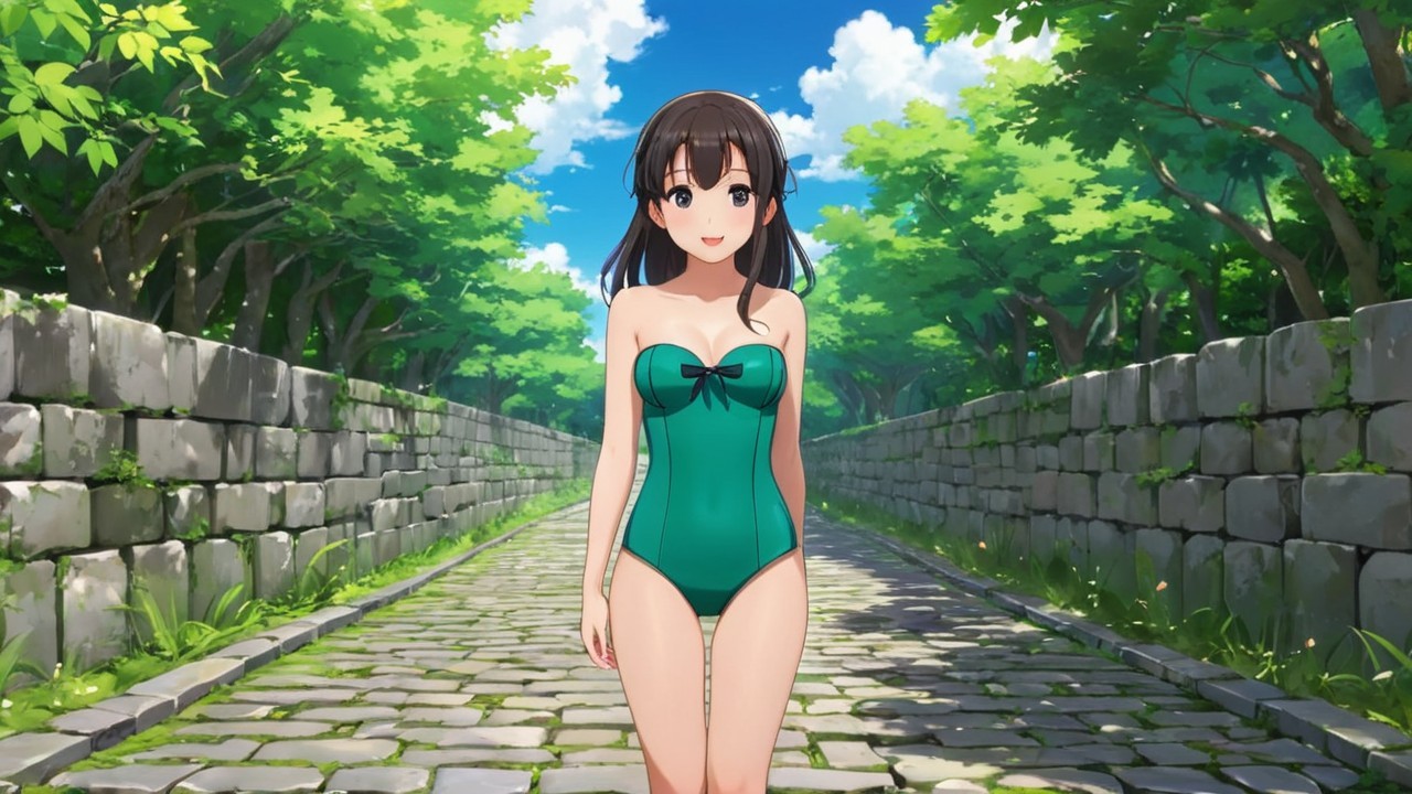 Cheerful girl in green swimsuit on cobblestone path