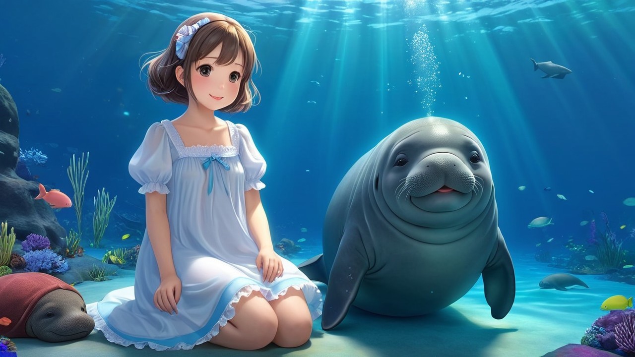 Underwater Scene with Girl and Manatee in Coral Reef
