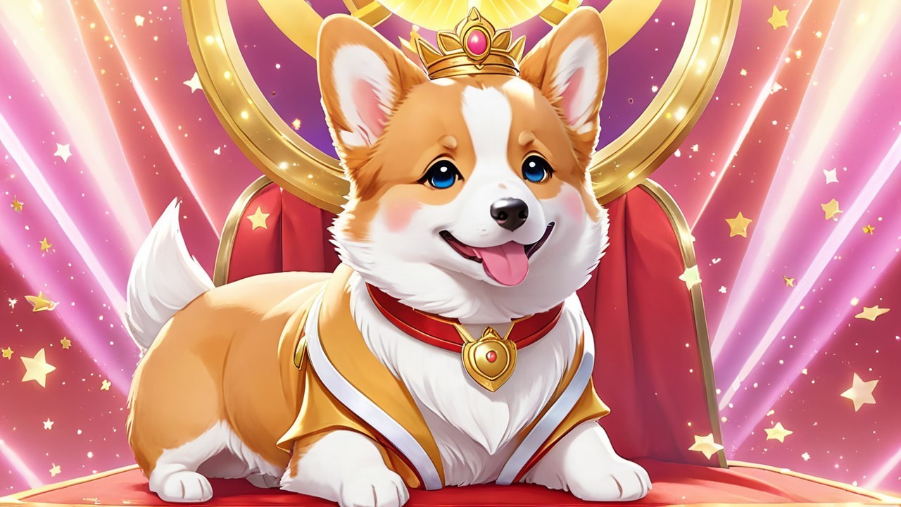 Corgi on Throne with Crown and Royal Cloak