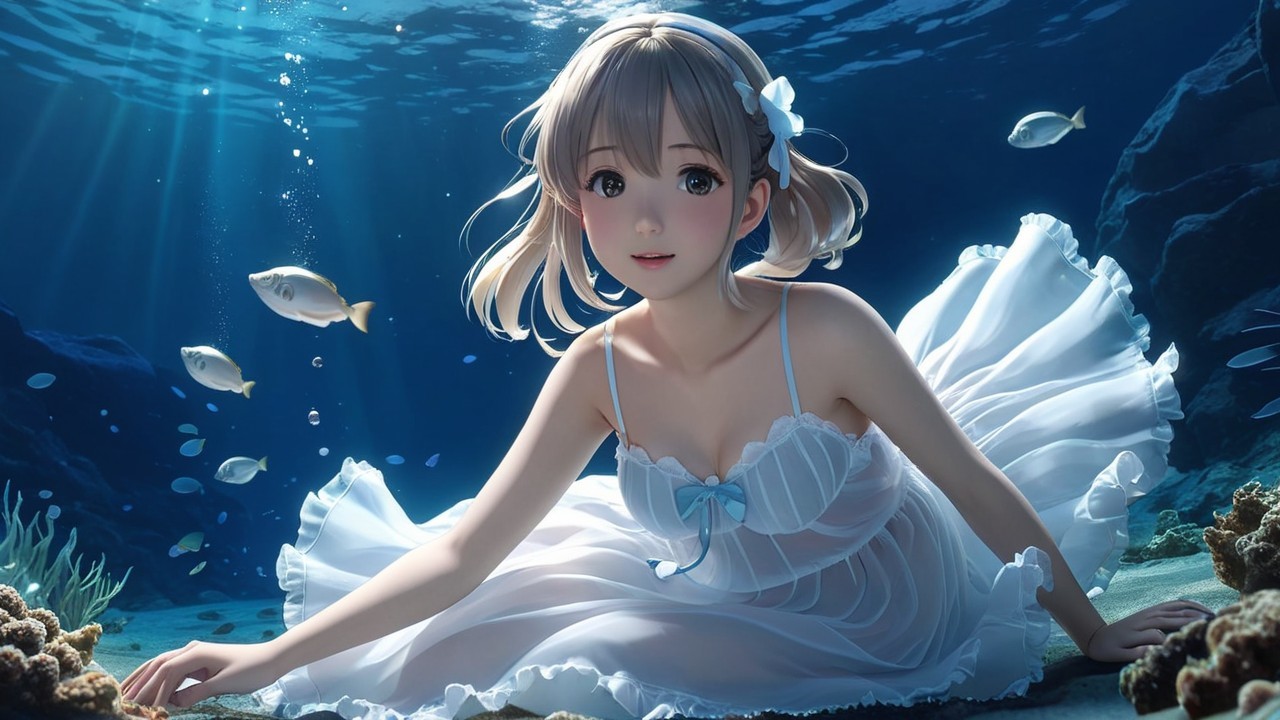 Underwater Scene with Girl in White Dress and Coral