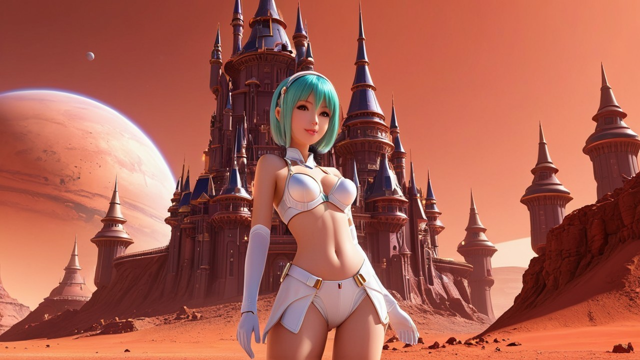Turquoise-Haired Character in Futuristic Landscape