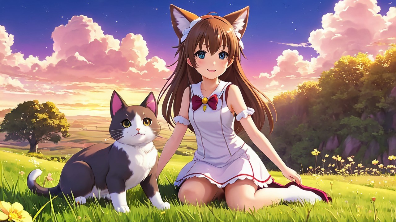 Cheerful girl with fox ears in vibrant sunset meadow