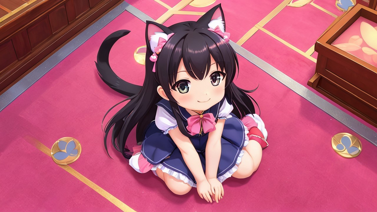 Anime girl with cat ears on a pink floor