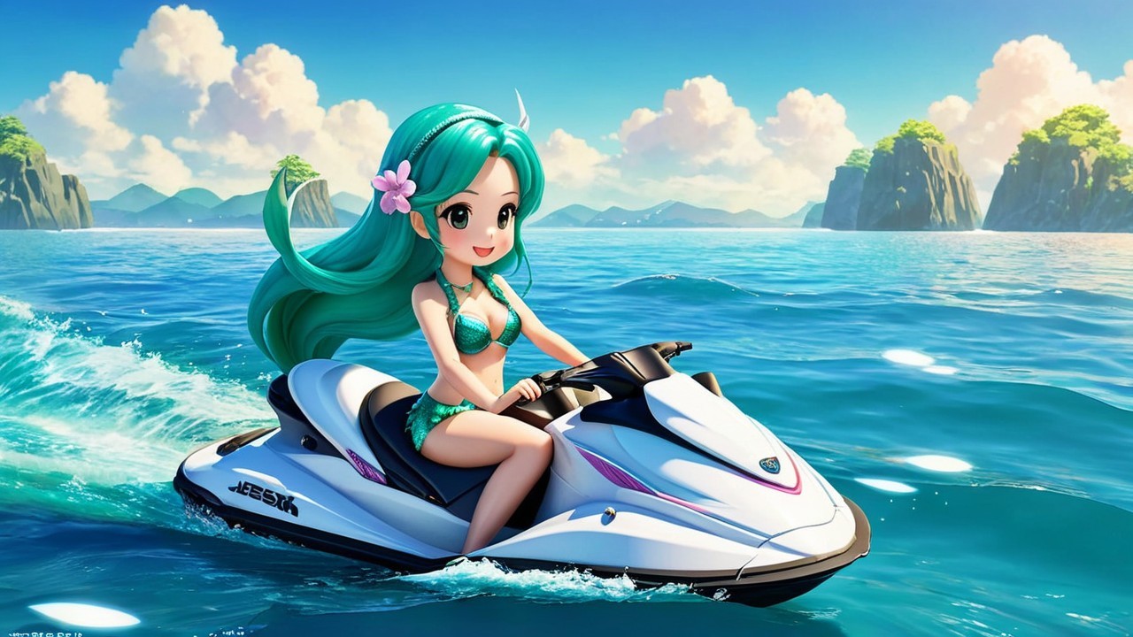 Cheerful Character on Jet Ski in Vibrant Summer Scene