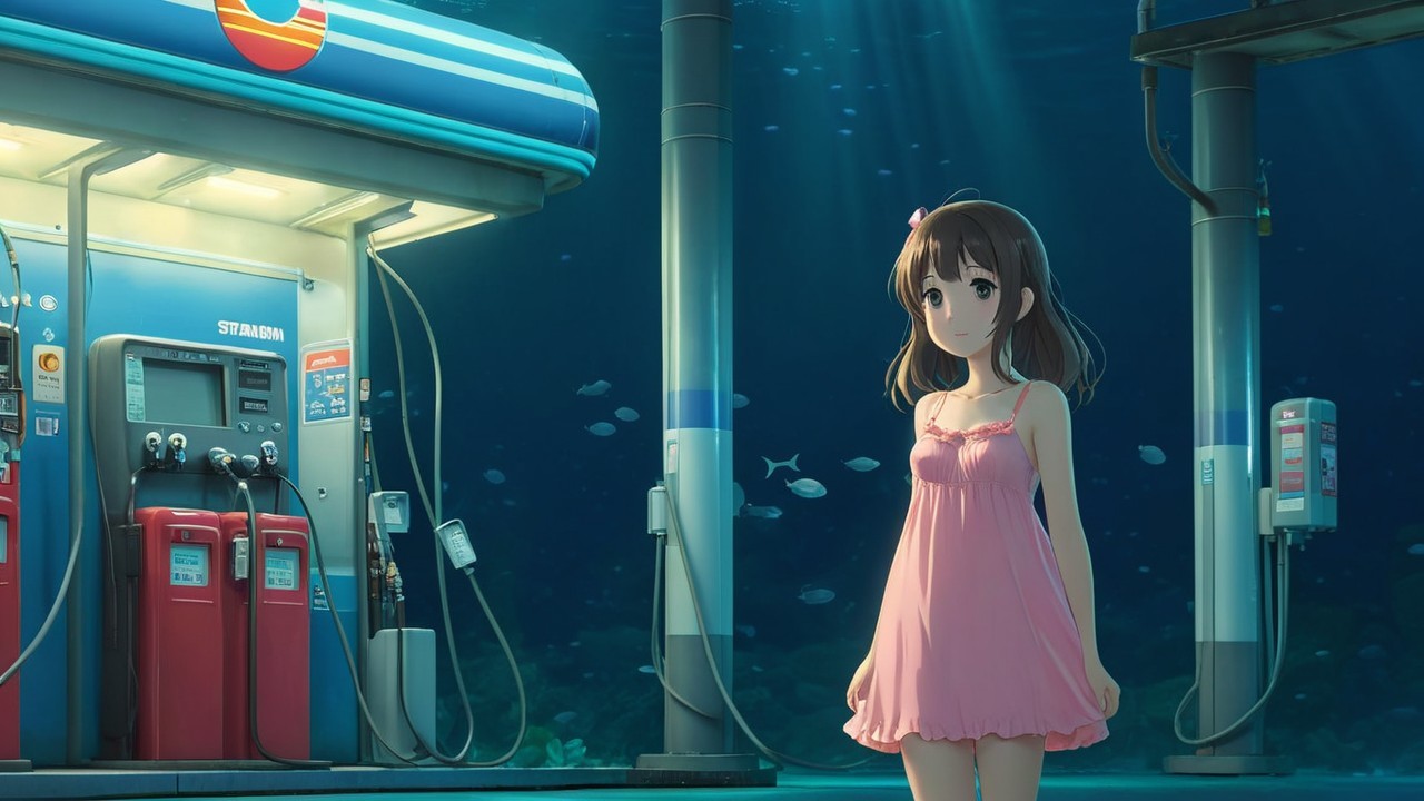 Underwater Scene with Girl and Gas Station Elements